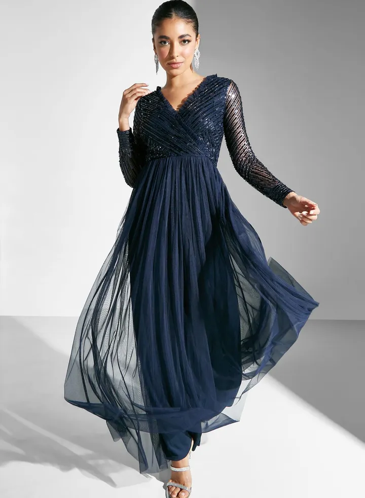 Embellished Wrap Tiered Dress