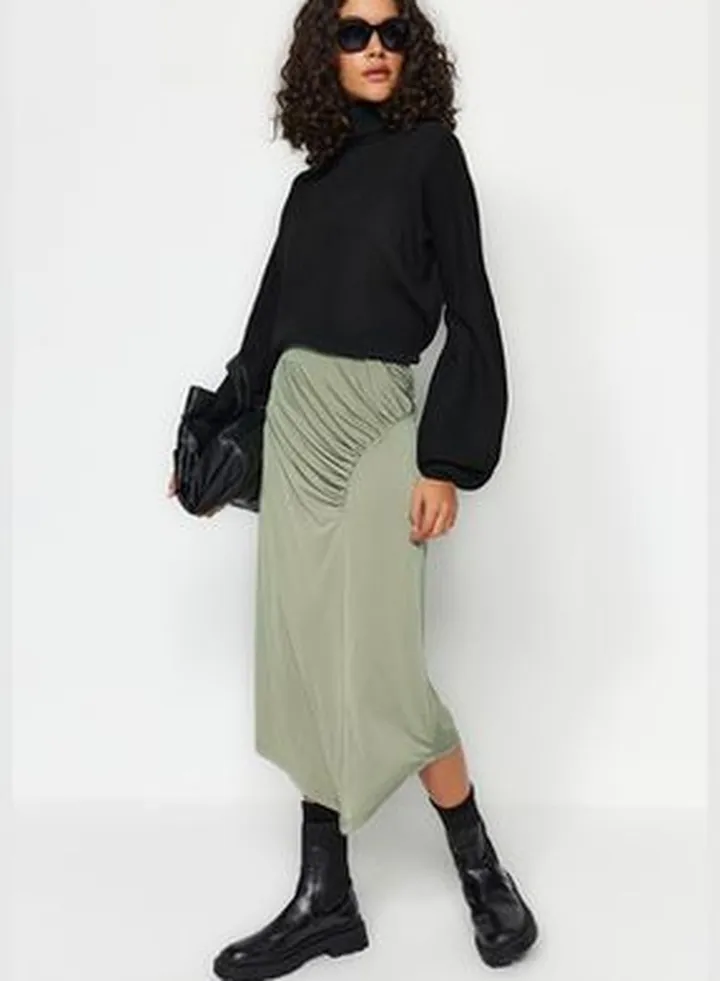 Khaki Elastic Knitted Midi Skirt With Drape Detailed TWOAW24ET00213