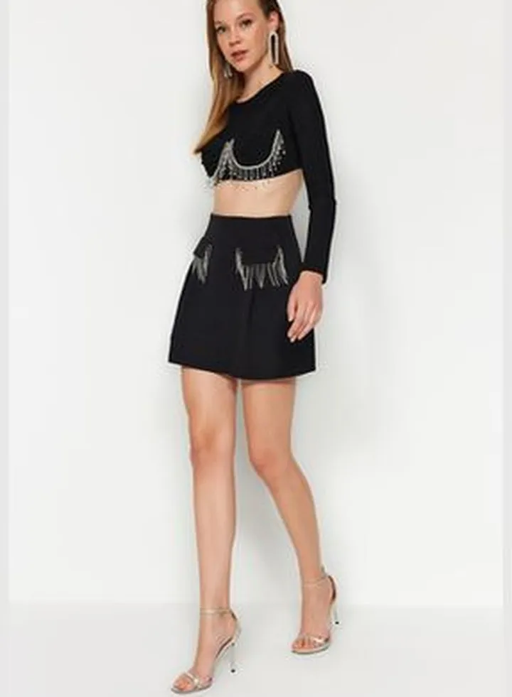 Black Shiny Stones Short Skirt TPRAW24ET00010