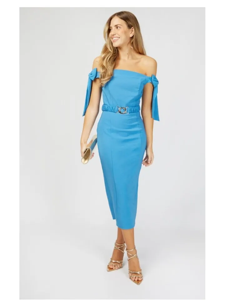 Little Mistress Cornflower Bardot Tie Sleeve Midi