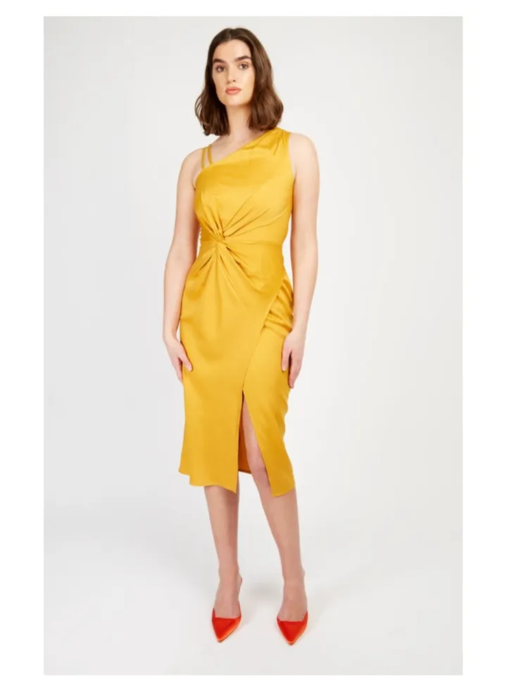 Little Mistress Mustard Satin Midi
