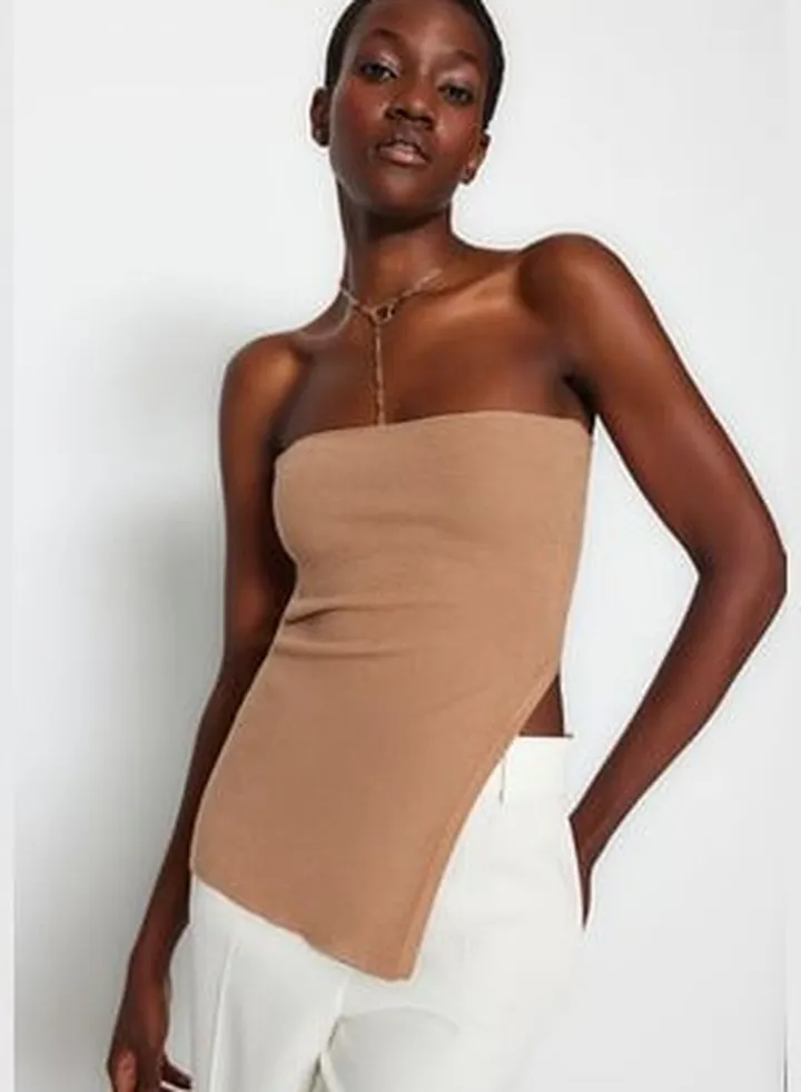 Camel Strapless Slit Detailed Premium Thread / Special Thread Blouse TWOAW24BZ00131
