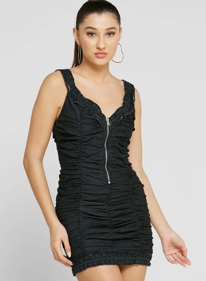 Black Petite Ruched Bardot Denim Dress