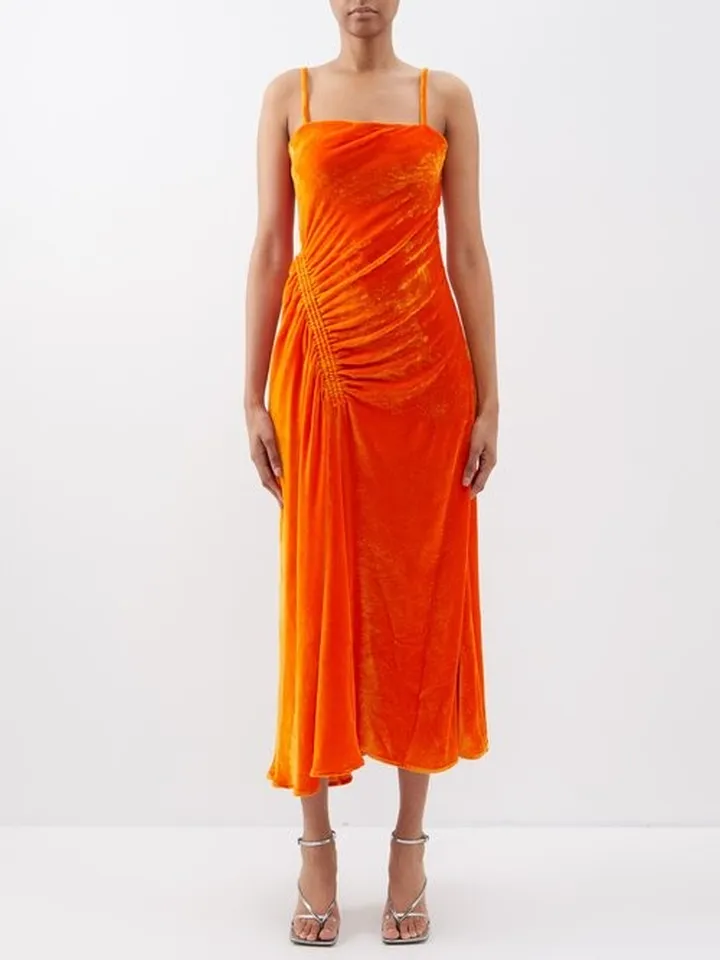 Ruched Velvet Midi Dress