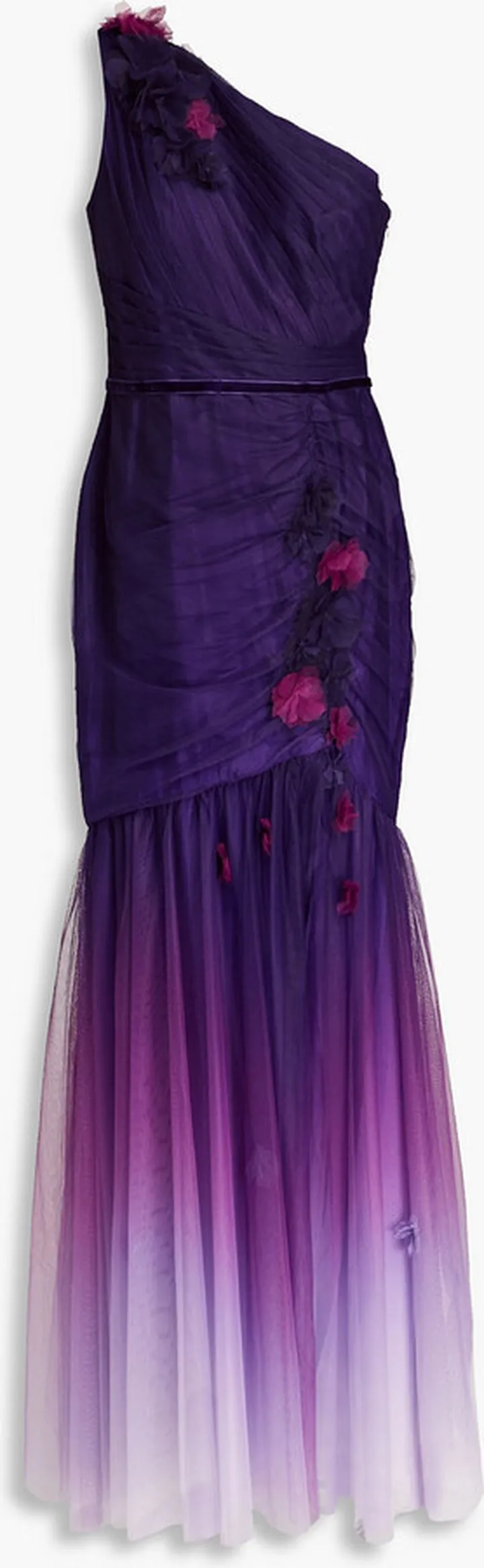 One-shoulder floral-appliquéd dégradé tulle gown