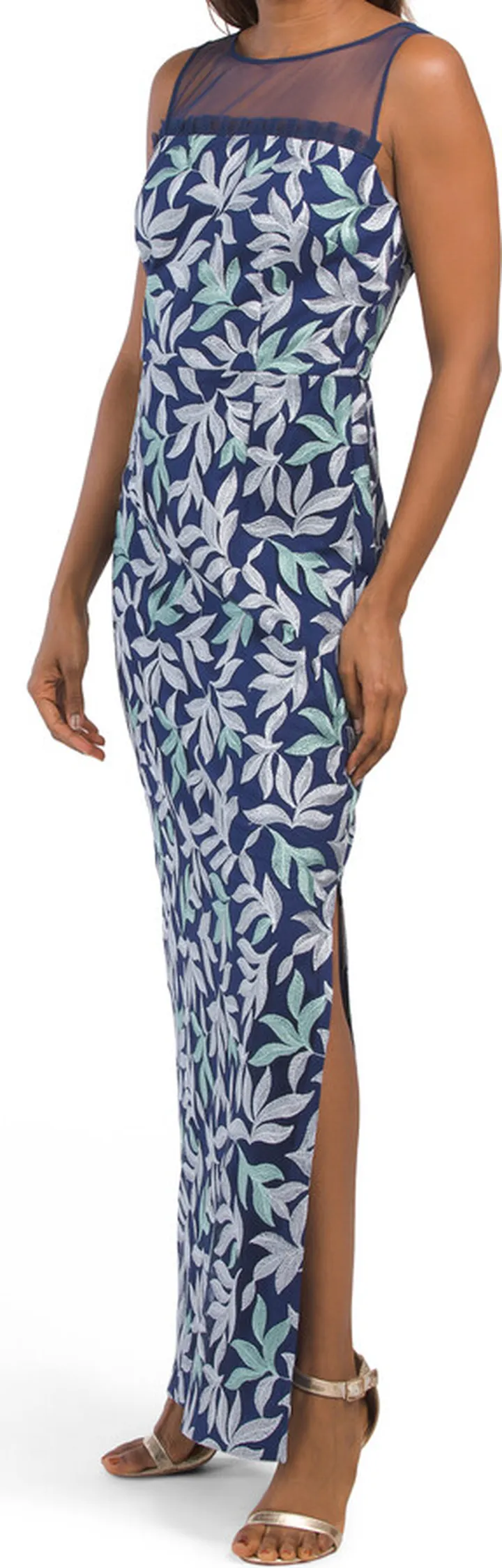 Leighton Illusion Embroidered Gown With Front Slit