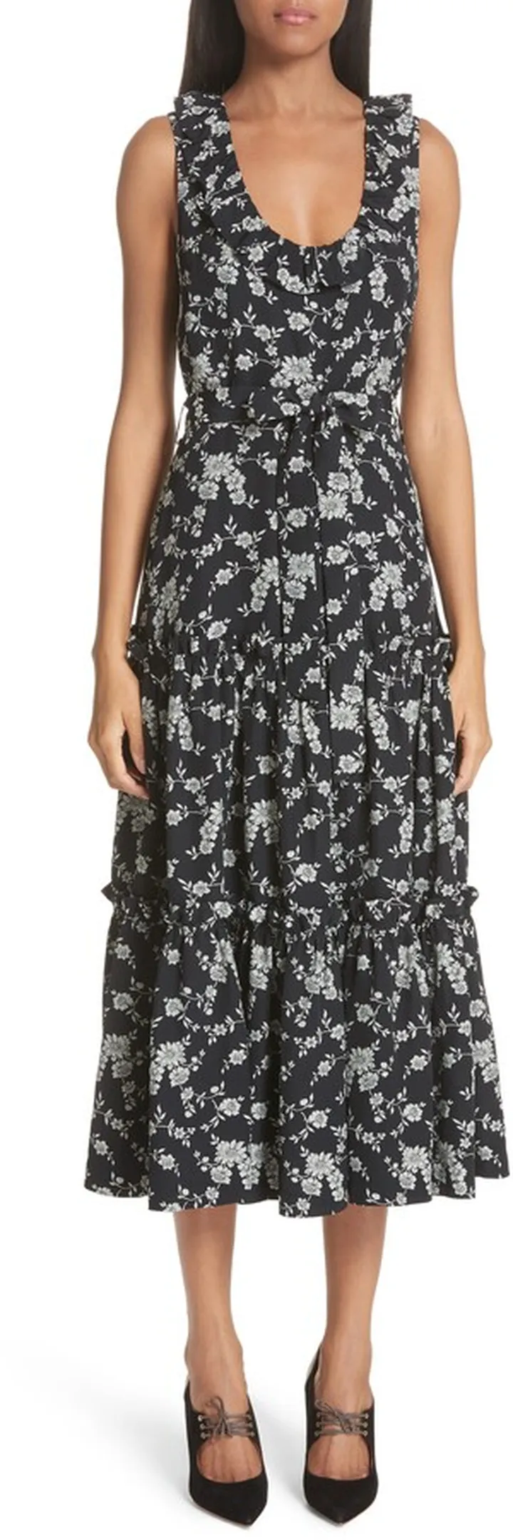 Floral Tiered Gabardine Midi Dress