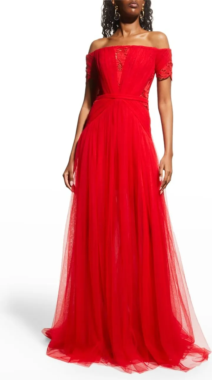 Floral Lace Off-The-Shoulder Tulle Gown