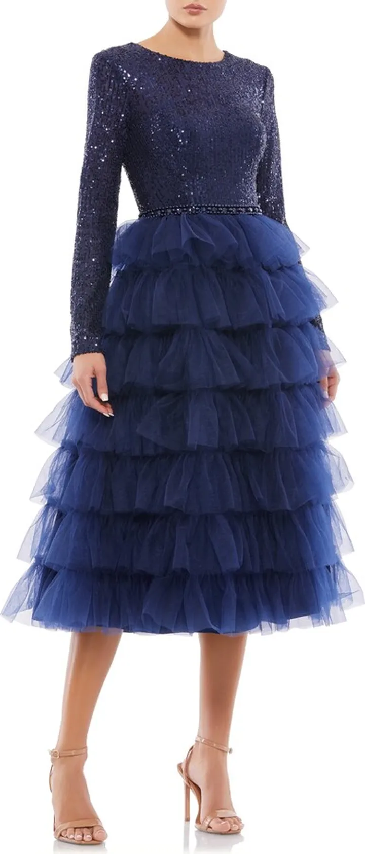 Sequin Tiered Long Sleeve Tulle Cocktail Dress