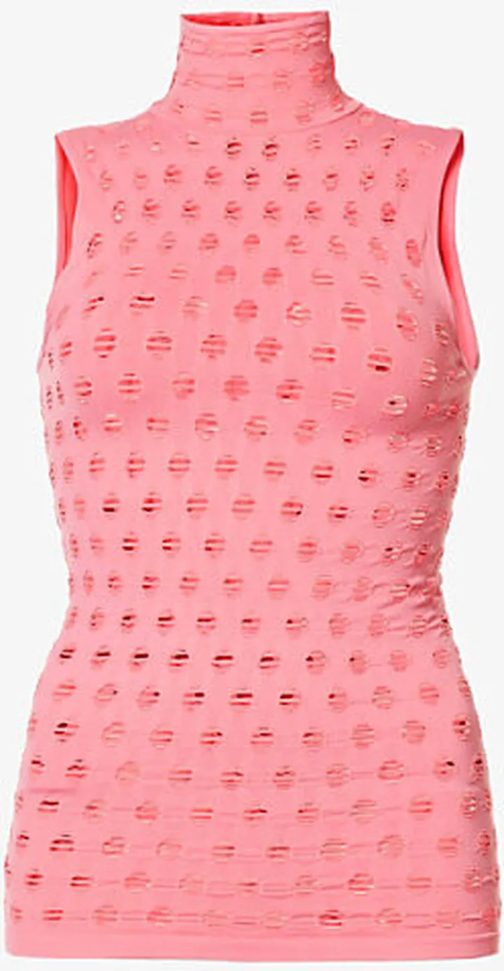 Womens Pink Perforated Turtleneck Stretch-woven top
