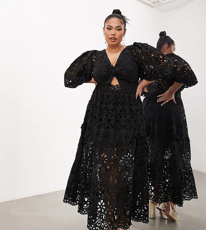 ASOS EDITION Curve broderie twist front midi dress with puff sleeves in black