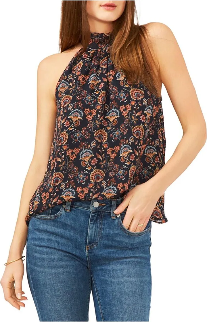Womens Floral Tie Neck Halter Top