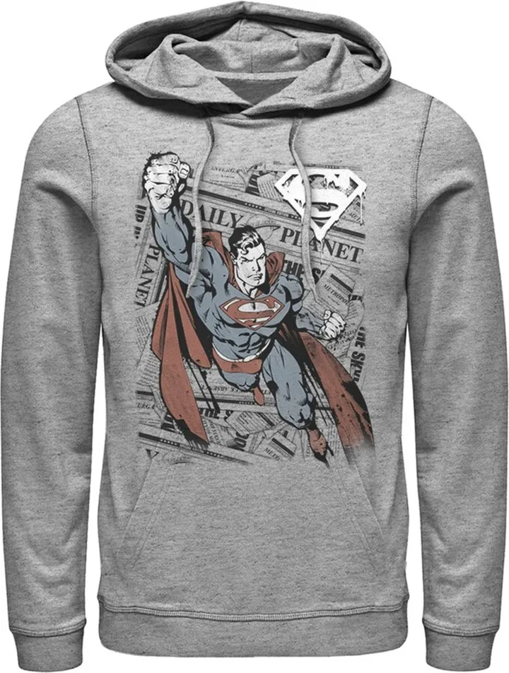 Men's Superman Daily Planet Newspaper Pull Over Hoodie - Athletic Heather - 3X Large