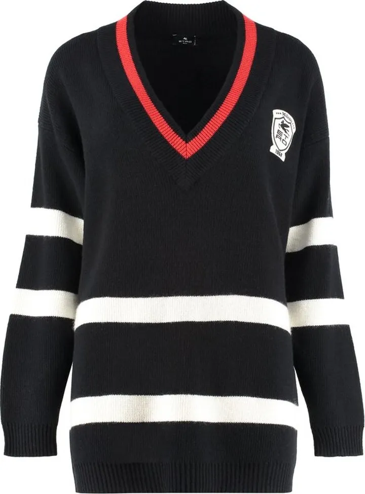 Etro Logo Patch V-Neck Striped Sweater