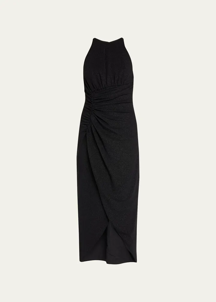 Ruched High-Low Shimmer Halter Dress