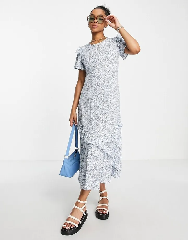 QED London frill detail midi dress in blue ditsy floral print
