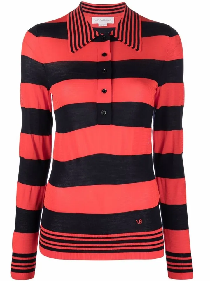 Striped-Knit Longsleeved Polo Shirt