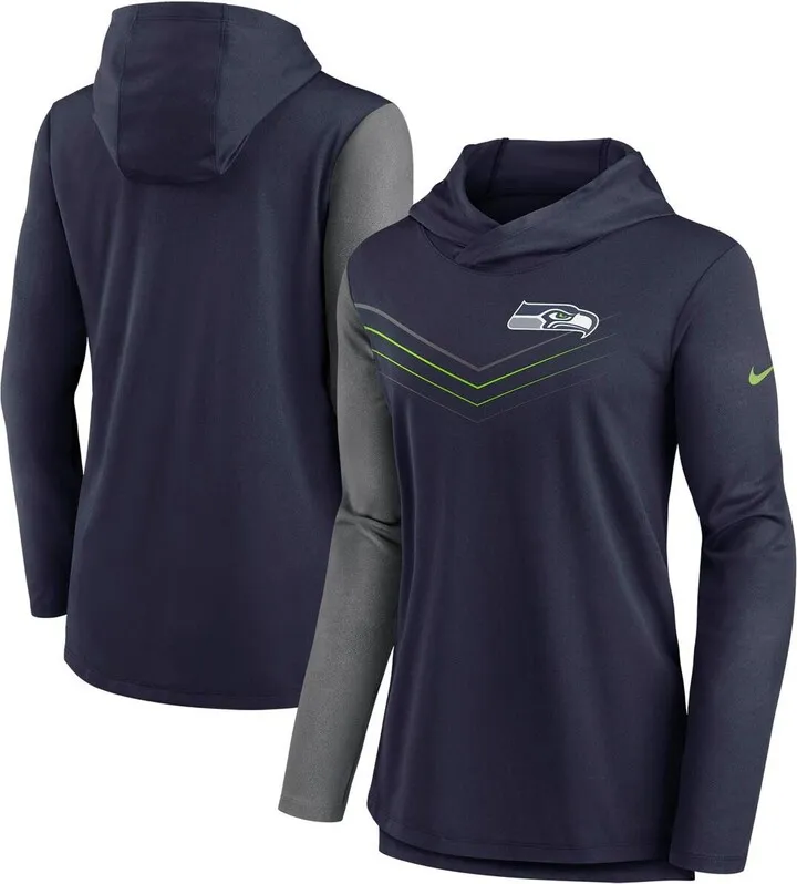Women's College Navy and Heathered Charcoal Seattle Seahawks Chevron Hoodie Performance Long Sleeve T-shirt
