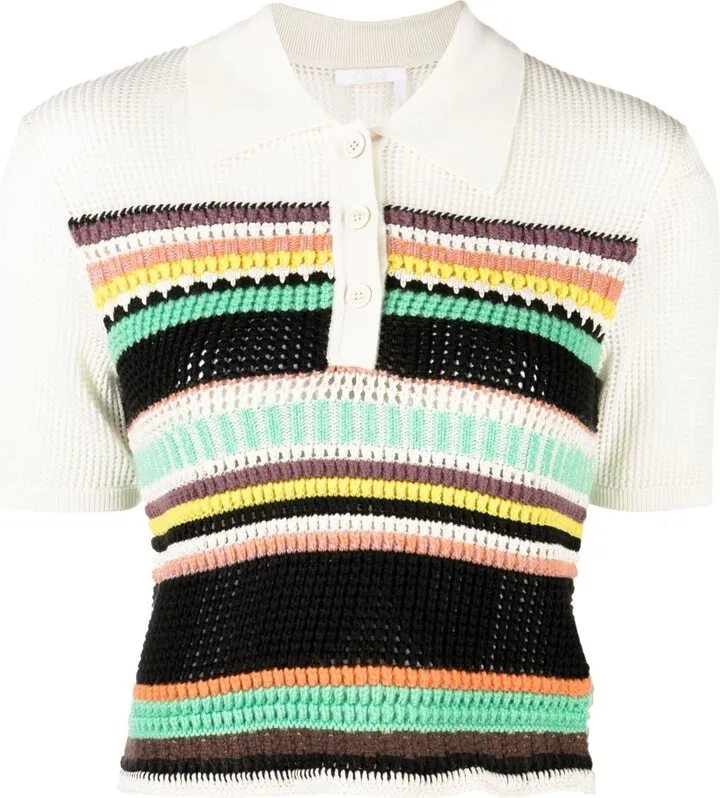 White Striped Crochet Polo Shirt