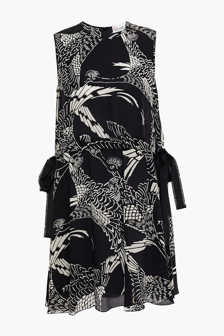 Bow-detailed printed silk crepe de chine mini dress
