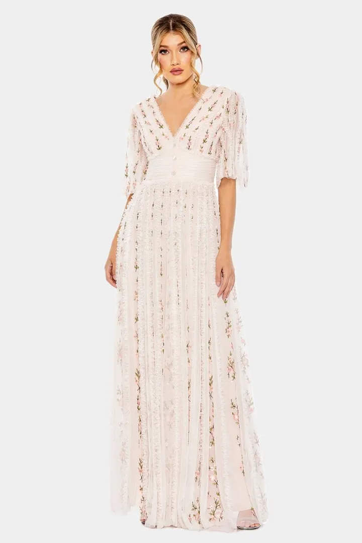 Floral Ruffle Detail Long V-Neck Gown