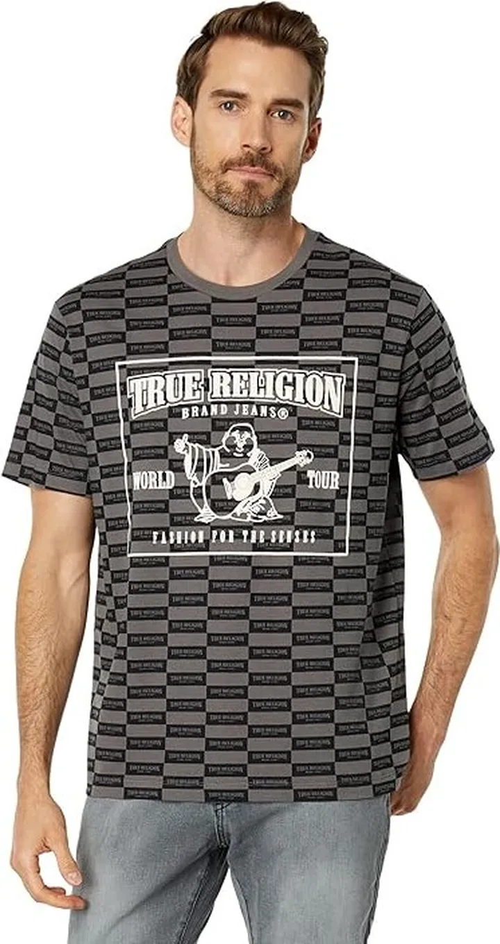 True Religion Logo Print Check Short Sleeve Tee (Jet Black) Men's Clothing