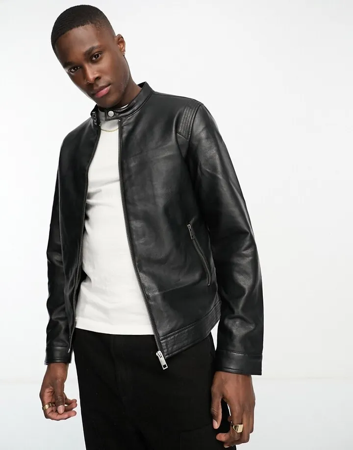 Jack & Jones Essentials faux leather biker jacket in black