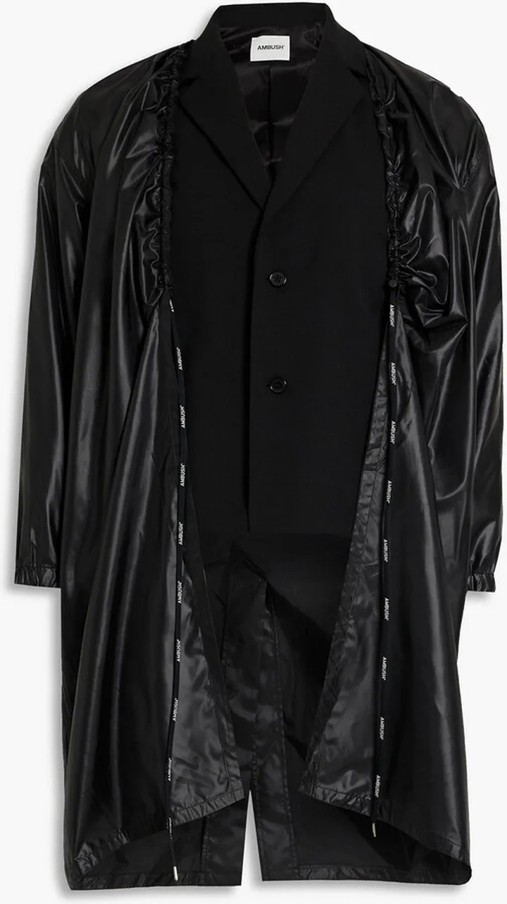 Layered ruched shell and twill coat