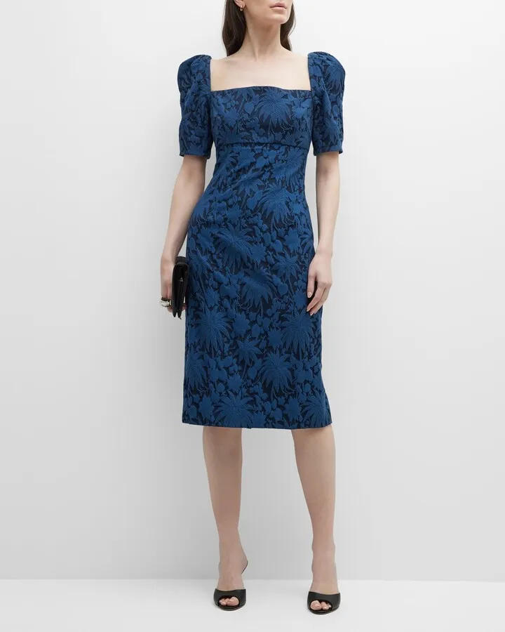 Botanical Cloque Puff-Sleeve Midi Dress