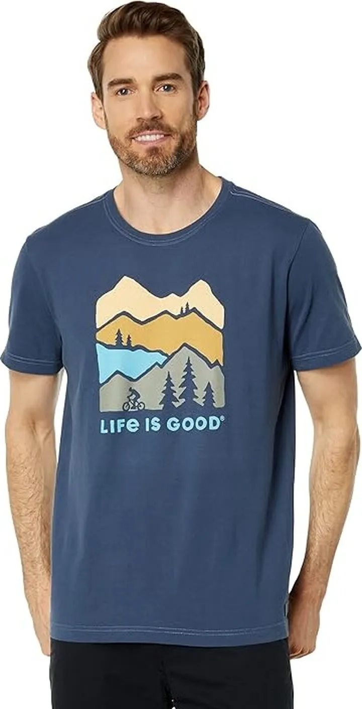 Life is Good Mountain Bike Landscape Silhouette Short Sleeve Crusher-Lite Tee (Darkest Blue) Men's T Shirt