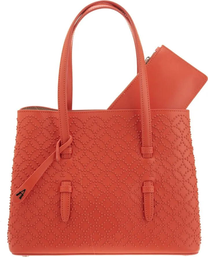 Medium Orange Shopping Bag With Geometric Pattern Of Micro Studs