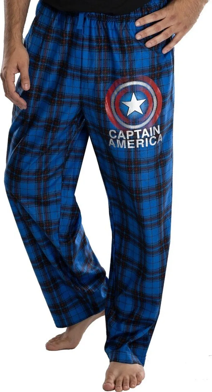 Marvel Mens' Captain America Shield Logo Plaid Pajama Lounge Pants (Large) Blue