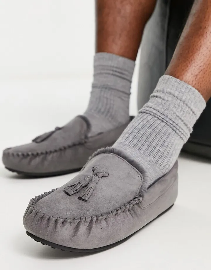ASOS DESIGN moccasin slippers in gray with faux fur lining