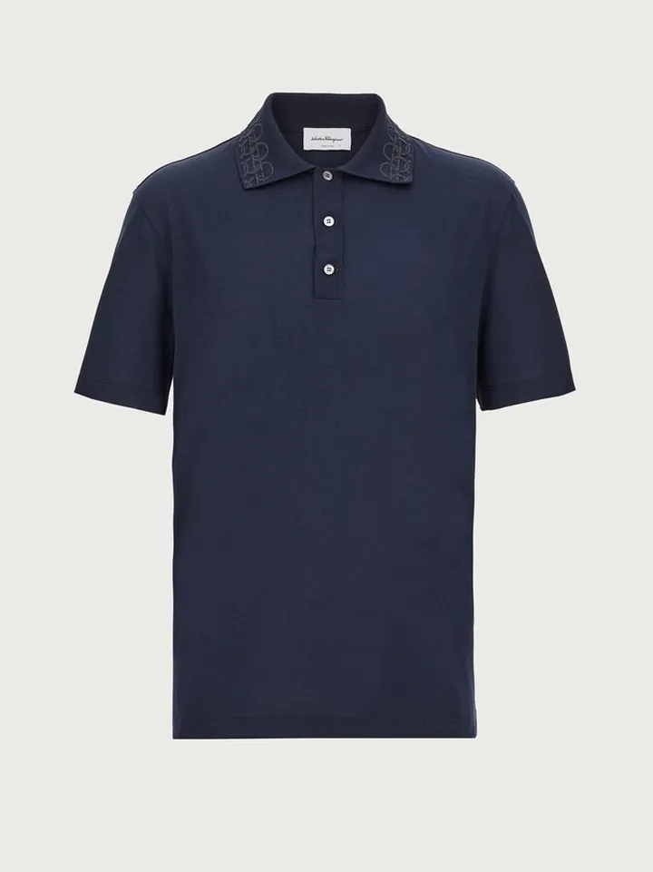 Ferragamo Men Polo with embroidered collar Blue