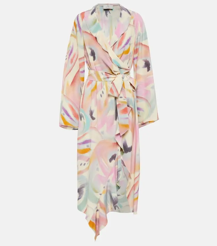 Printed asymmetric wrap midi dress