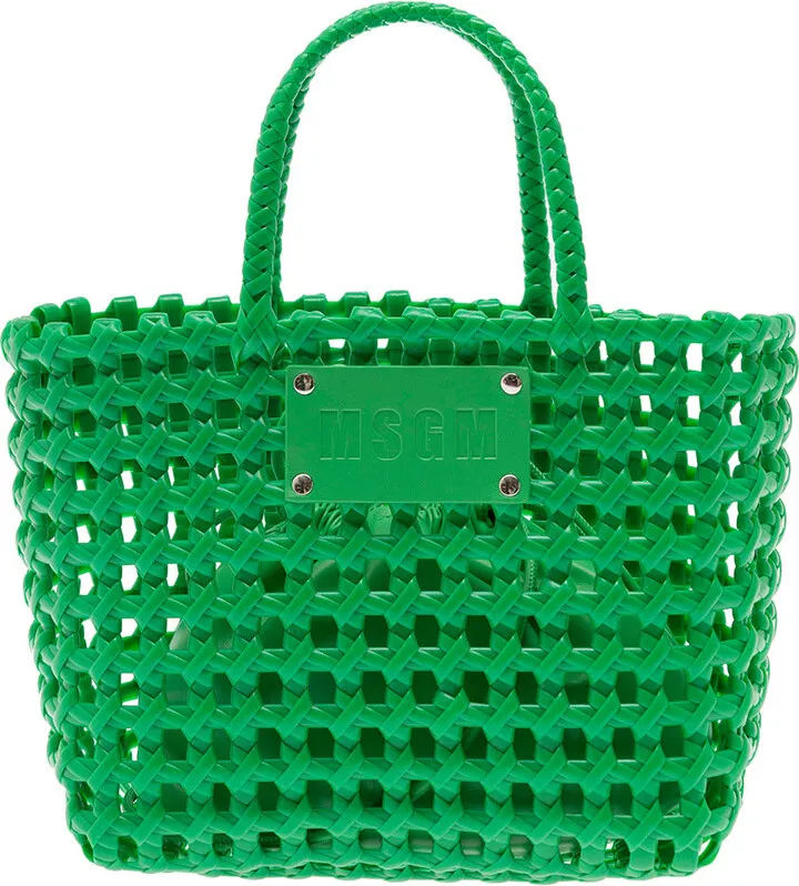 Medium Green Tote Bag With Logo Patch In Braided Rubber Woman