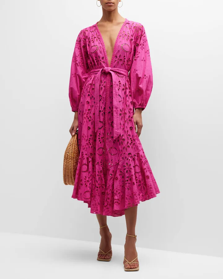 Embroidered Tie-Belt Midi Kaftan Dress