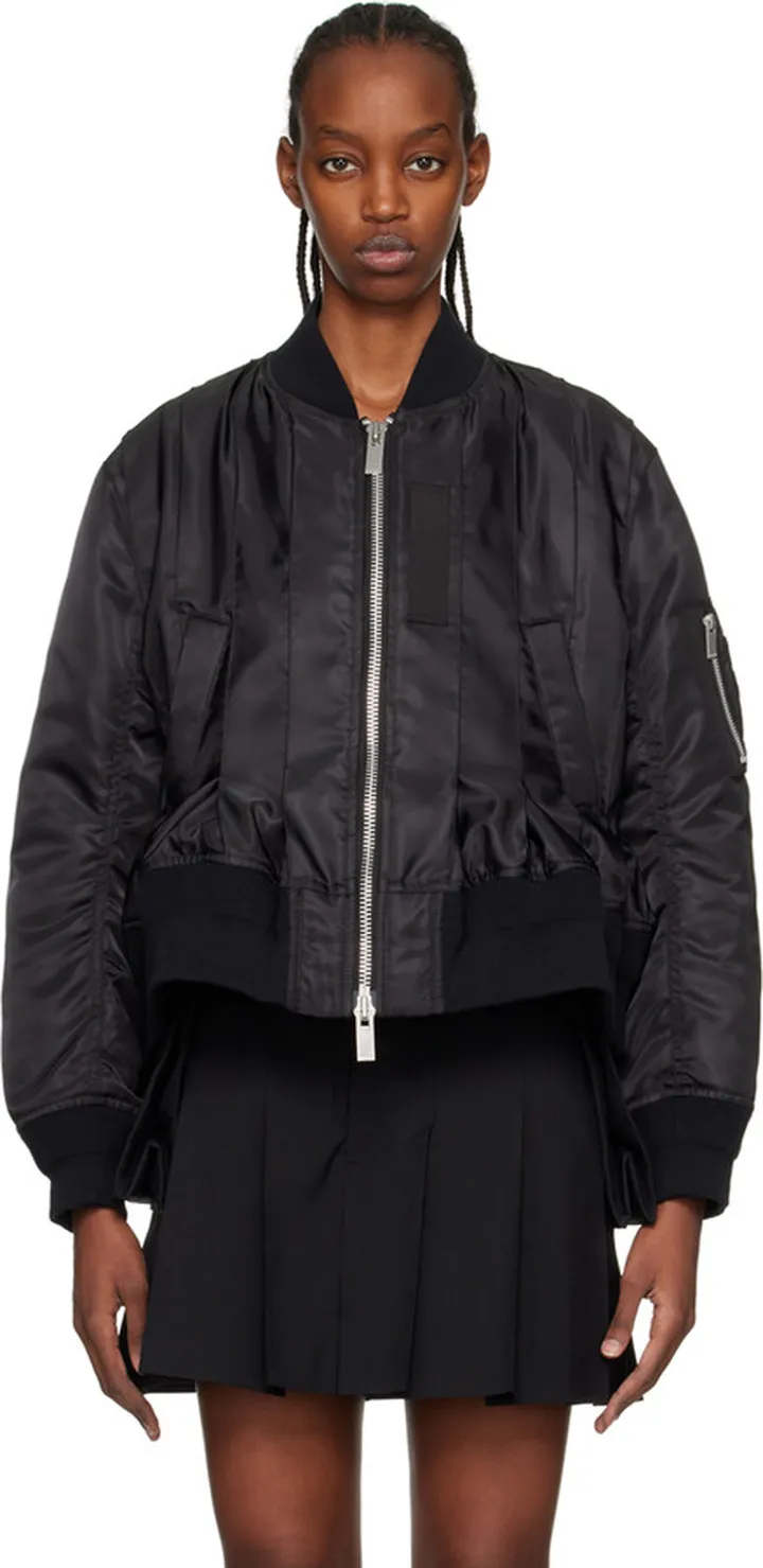sacai Black Pleated Bomber Jacket
