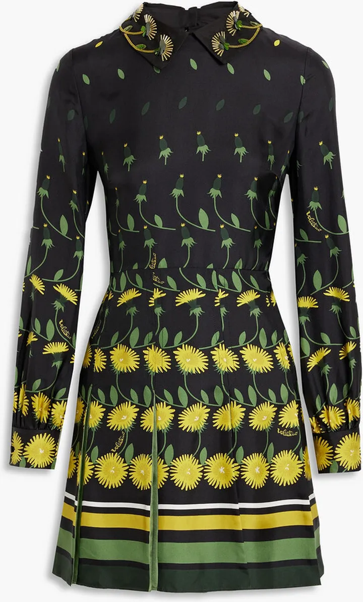 Embellished printed silk-twill mini dress