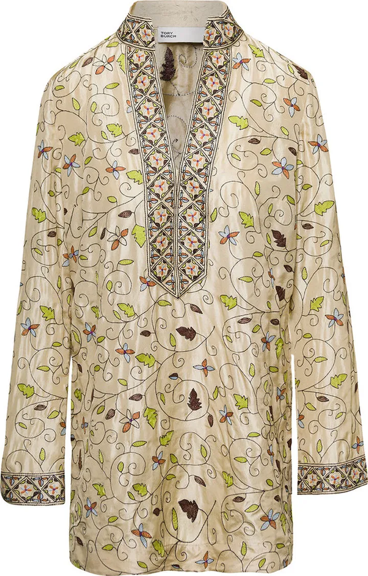Multicolor Embroidered Leaf-print Tunic In Silk Woman