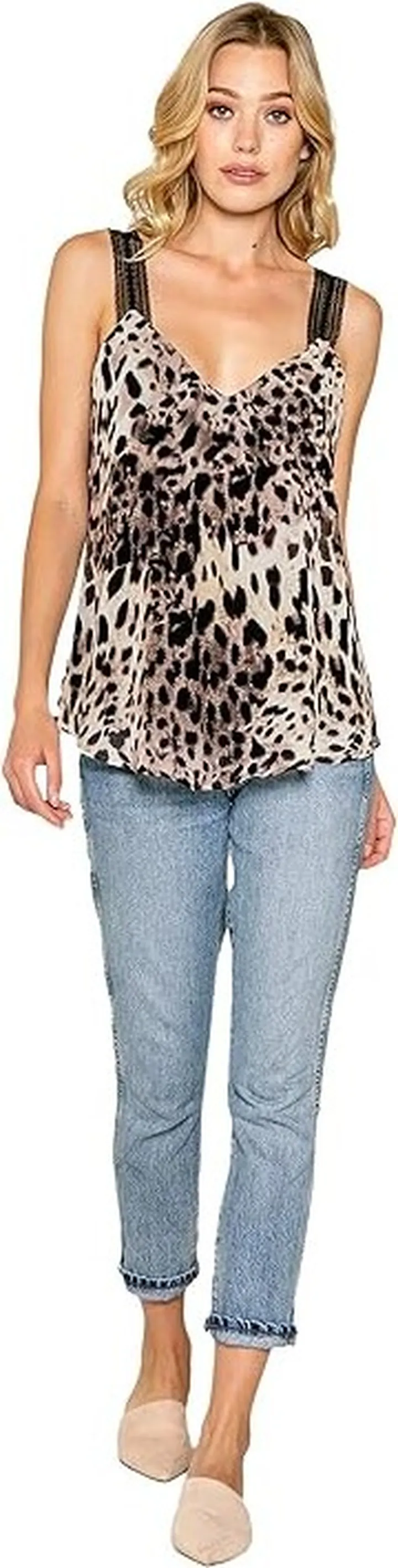 LAVENDER BROWN Cheetah Printed Cami with Lace Strap (Brown Multi) Women's Clothing