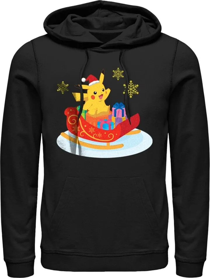 Men's Pokemon Christmas Pikachu Sleigh Pull Over Hoodie - Black - 2X Large