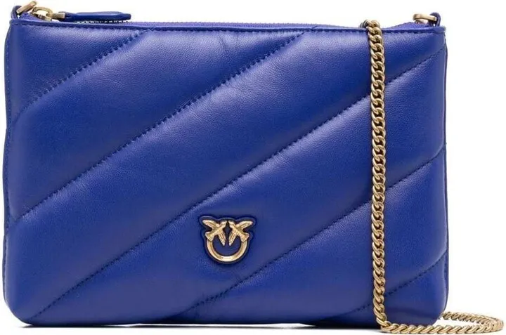 'flat Love Bag' Blue Shoulder Bag With Logo Patch In Smooth Quilted Leather Woman Pinko