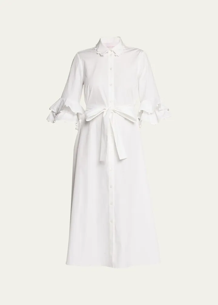 Pompom-Trim Belted Midi Shirtdress