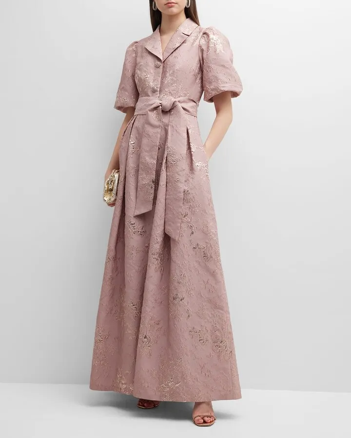 Pleated Puff-Sleeve Metallic Jacquard Gown