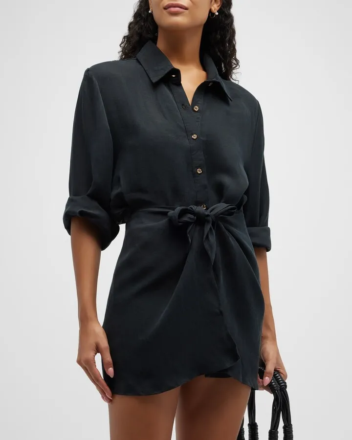 Laur Front-Tie Mini Linen-Cupro Shirtdress
