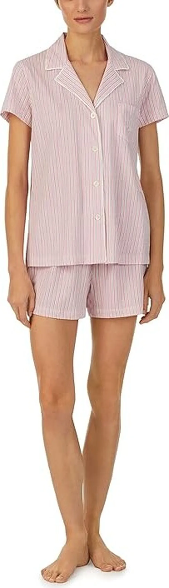 LAUREN Ralph Lauren Short Sleeve Notch Collar Shorty Set (Pink Stripe) Women's Pajama Sets