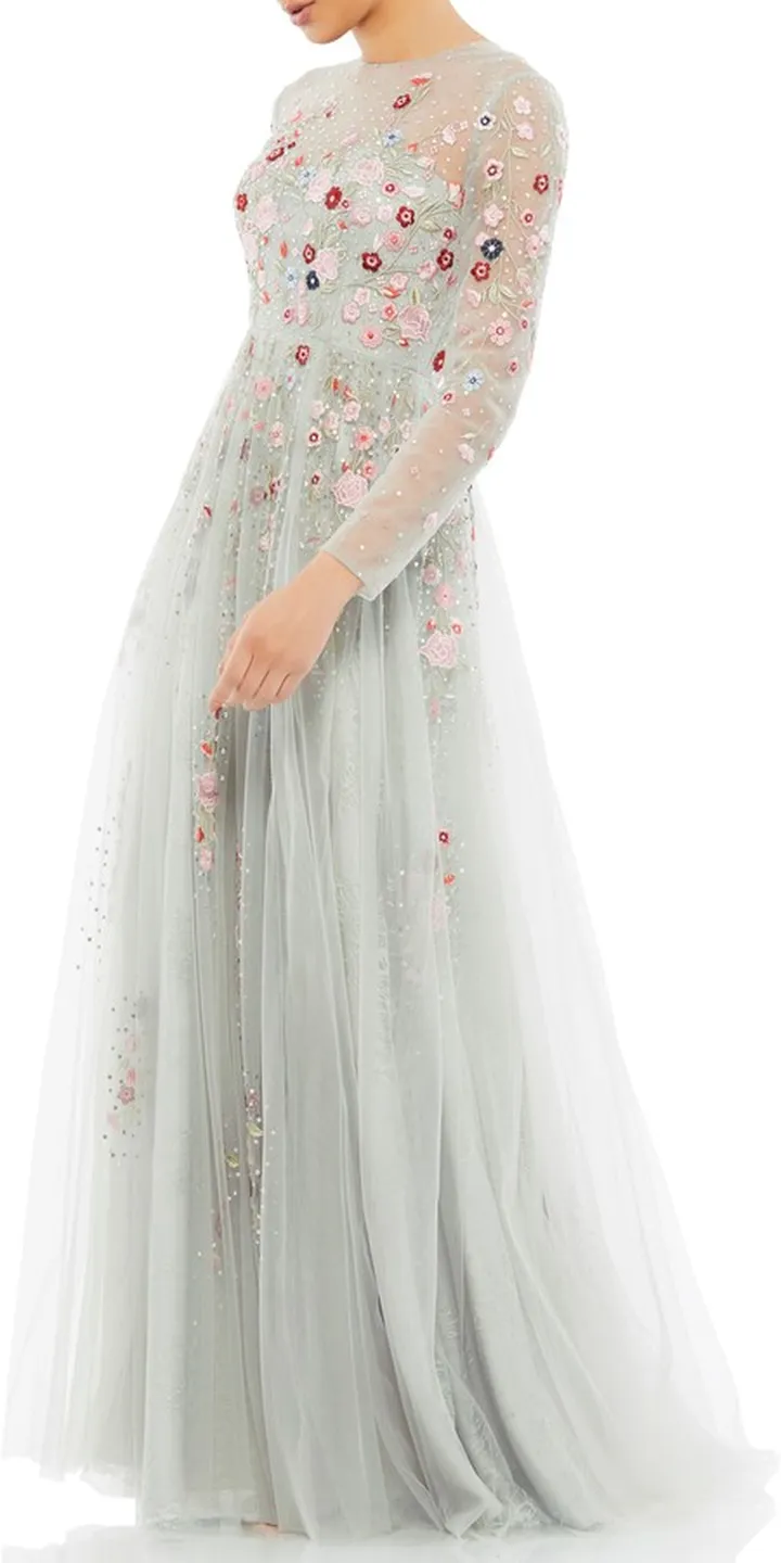 Floral Embroidered Long Sleeve A-Line Gown