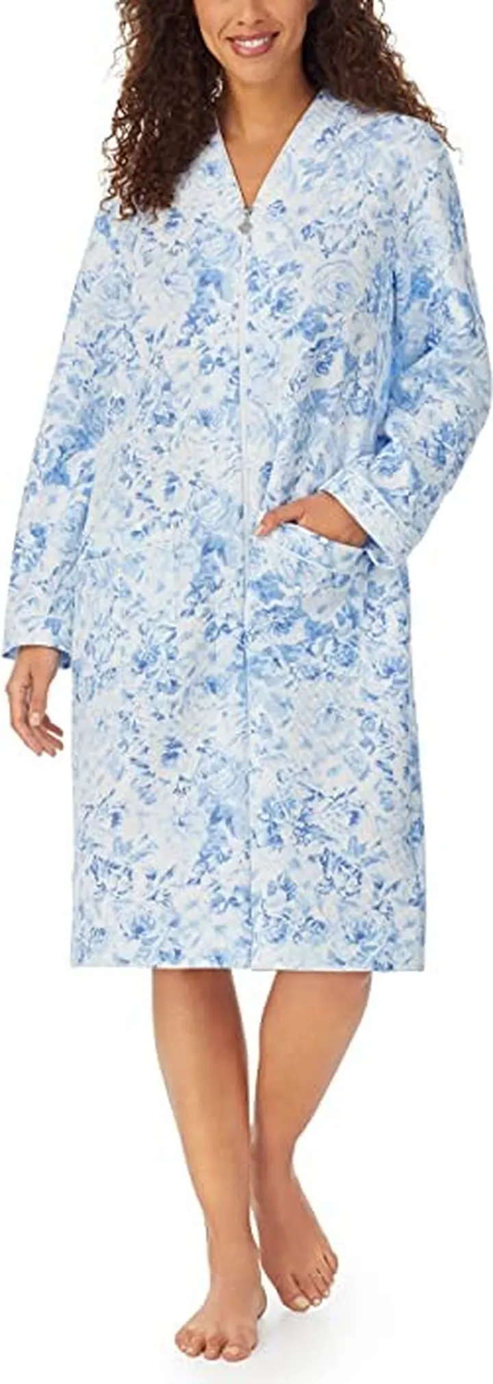 Eileen West Long Sleeve Quilted Zip Robe (Blue Roses) Women's Pajama