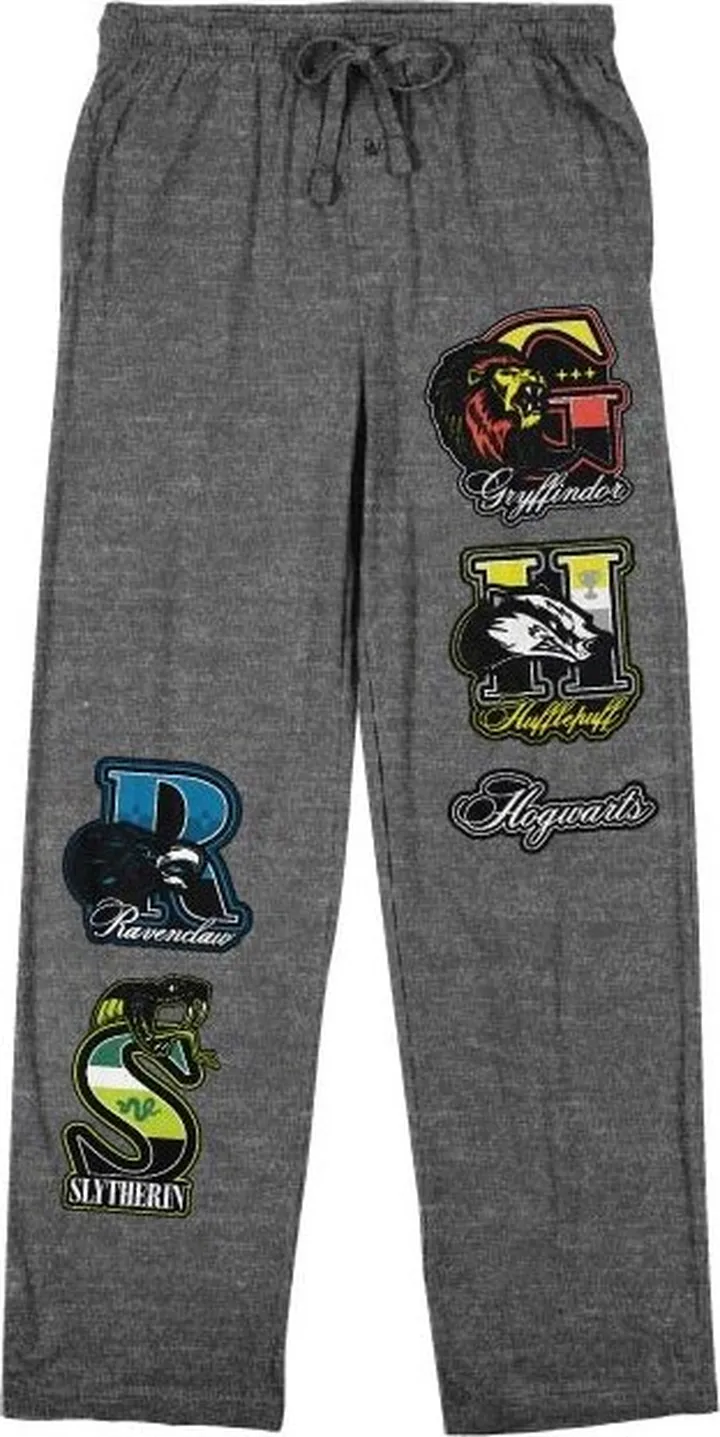 Harry Potter Hogwarts House Badges Men's Charcoal Drawstring Sleep Pants-XL
